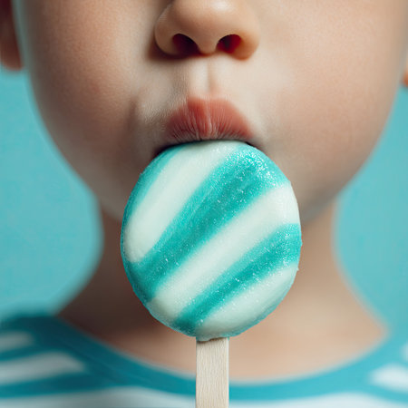 A charming close-up of a child depicting happiness as they enjoy a colorful lollipop. The soothing light blue backdrop highlights the joyous expression and delightful treat.の素材