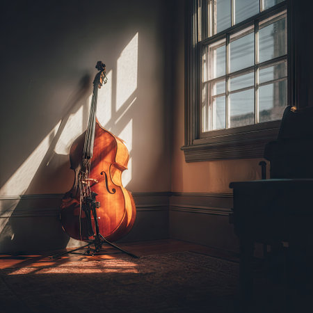 A warm and inviting scene featuring a cello bathed in soft sunlight, casting gentle shadows in a quiet room, embodying a serene atmosphere perfect for artistic inspiration.の素材