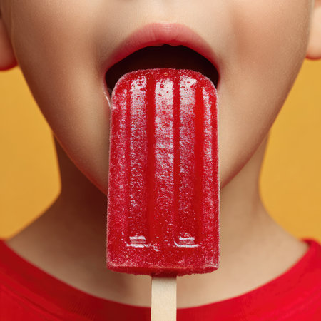 A vibrant close-up photo capturing a child savoring a bright red popsicle. The cheerful atmosphere and playful expressions highlight the joy of summertime treats.の素材