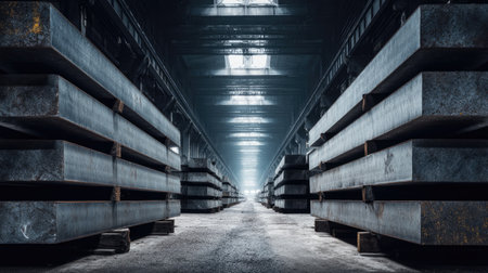 A captivating view of an industrial warehouse featuring neatly stacked steel beams surrounded by a dimly lit atmosphere. The perspective creates depth, emphasizing the robust materials and architecture typical in manufacturing.の素材