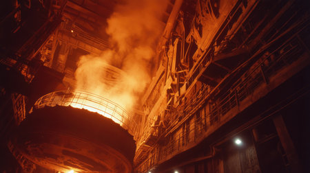 A captivating view of molten metal pouring in an industrial steel plant at night, showcasing the intense orange glow and heavy machinery involved in the process.の素材