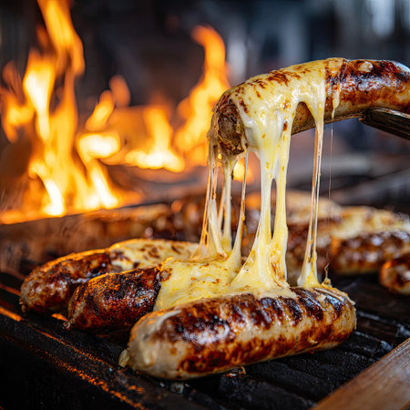 Juicy grilled sausages topped with melted cheese sizzle on a charcoal grill, surrounded by vibrant flames, creating an enticing summer barbecue scene.の素材