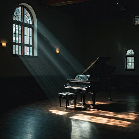 Captivating scene featuring sunlight streaming through elegant windows onto a grand piano in a dimly lit room, evoking a peaceful and inspiring atmosphere.の素材