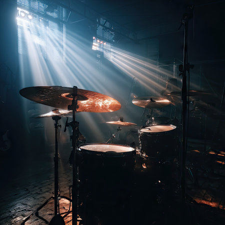A captivating image showcasing drums illuminated by dramatic stage lighting in a music studio, creating an artistic and vibrant atmosphere perfect for performance.の素材