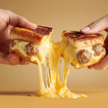 This mouthwatering image showcases a delicious cheese and meat sandwich, featuring gooey cheese and savory filling, inviting food lovers to indulge.の素材