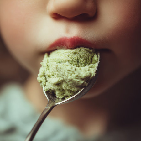 A charming close-up view of a child's face savoring a spoonful of creamy green matcha ice cream. The image captures the delight and anticipation of taste, highlighting the joy of enjoying a sweet treat during the summer.の素材