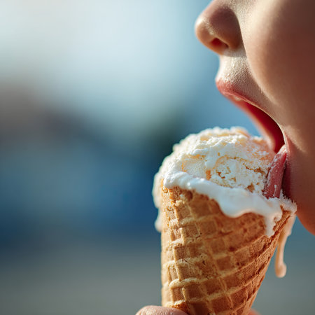 A happy child delights in an ice cream cone on a sunny day, capturing the essence of carefree childhood joy with creamy treats.の素材