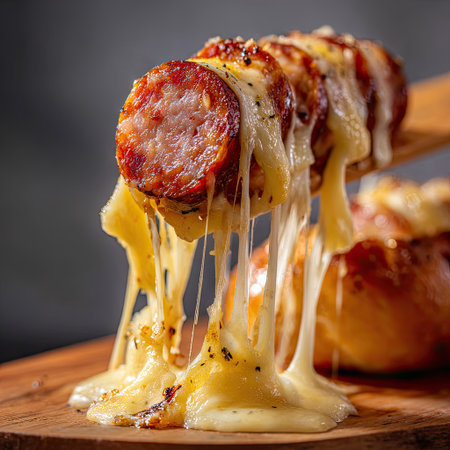 A tantalizing close-up of grilled sausage topped with gooey melted cheese, perfectly placed on a wooden board to enhance the mouthwatering appeal.の素材