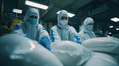 Three workers in protective gear manage large bags of material in an industrial warehouse. The scene emphasizes safety, teamwork, and efficiency in operations.の素材