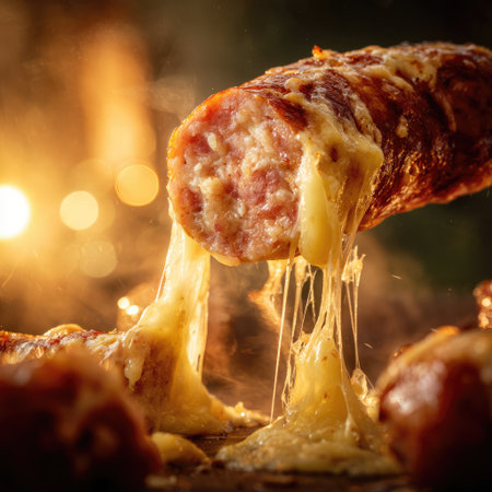 This enticing image features a smoked sausage with bubbling melted cheese, creating an irresistible culinary scene. The warm ambiance enhances the appeal.の素材
