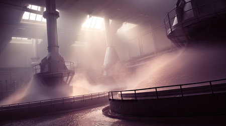 An atmospheric view of industrial machinery, showcasing water flow amidst mist and light. This setting highlights the power and technology in modern manufacturing.の素材