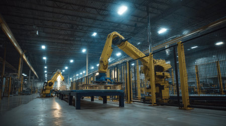 A vibrant view of a modern factory showcasing advanced robotics and automation technology. The environment highlights innovation in manufacturing.の素材