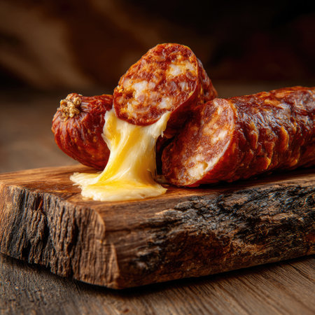 A close-up image showcasing juicy sliced meat with cheese melting alongside, presented on a rustic wooden board. Perfect for food lovers.の素材