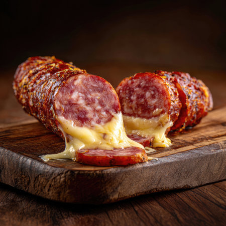A mouthwatering close-up of smoked sausage with melted cheese flowing out, presented on a rustic wooden cutting board, perfect for culinary delights.の素材
