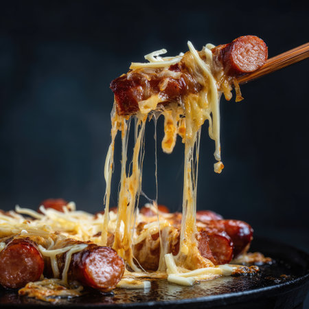 A captivating image of melted cheese and sausage on a hot griddle, showcasing a delicious cheese pull that emphasizes its appetizing and savory appeal.の素材