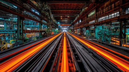 This striking image captures the essence of an industrial foundry, showcasing glowing molten metal tracks that illuminate a busy manufacturing space.の素材
