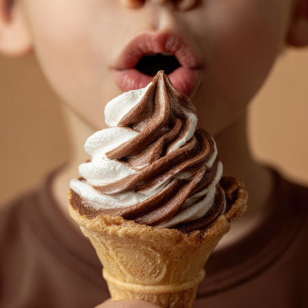A delightful close-up of a child's face expressing pure joy while enjoying a soft serve ice cream cone with a rich chocolate swirl, perfect for capturing summertime happiness.の素材