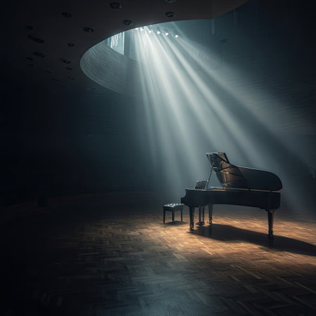 A beautifully lit grand piano sits alone in an architectural venue, with dramatic sunlight streaming in, creating a tranquil and artistic atmosphere.の素材