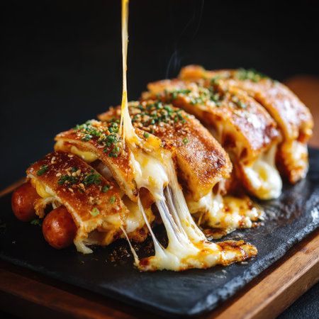 A tempting dish featuring crispy sausages topped with gooey melted cheese, garnished with fresh herbs on a rustic dark background. Perfect for indulgent moments.の素材