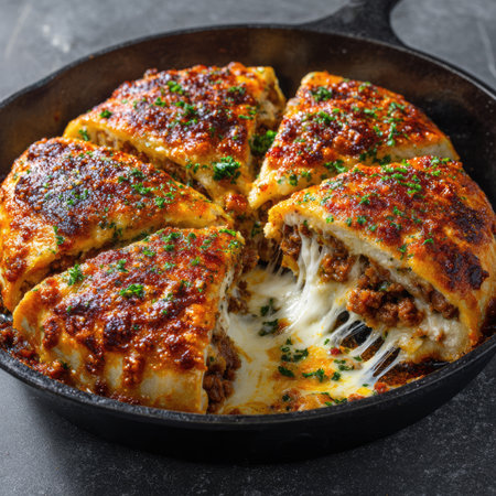 A mouthwatering cheesy casserole featuring a rich meat filling, baked to perfection in a cast iron skillet, ideal for a hearty dinner.の素材