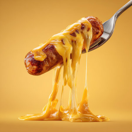 This striking close-up image features mouthwatering melted cheese cascading from a juicy sausage, set against a vibrant yellow background. Perfect for food lovers.の素材
