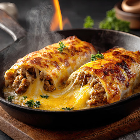 A close-up view of cheesy beef enchiladas served in an iron skillet, showcasing melted cheese and sprinkled cilantro, ideal for culinary enthusiasts.の素材