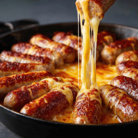 A visually appealing image showcasing juicy sausages coated in melted cheese, served in a cast iron pan, perfect for food lovers seeking comfort and flavor.の素材