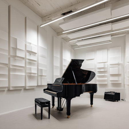 A beautifully crafted grand piano situated in a minimalist interior, surrounded by abstract sound panels and soft lighting, creating a tranquil atmosphere.の素材