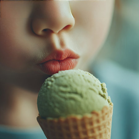 A delightful close-up capture of a child's face as they savor a green ice cream cone. The soft focus background enhances the joyful moment, highlighting the sweetness of the treat.の素材