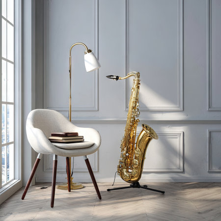 A saxophone stands elegantly beside a modern chair in a bright room, illuminated by natural light from the large window, creating a serene atmosphere.の素材