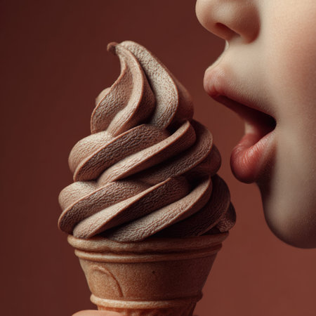 A whimsical moment featuring a child savoring a soft serve chocolate ice cream cone, radiating joy and delight against a warm backdrop.の素材