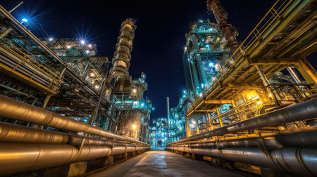 A breathtaking view of an industrial complex at night, showcasing illuminated machinery and intricate pipe systems, reflecting modern energy production.の素材