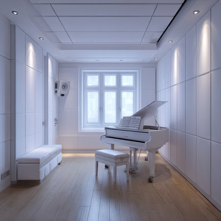 A modern minimalist piano room featuring bright lighting and an elegant design. Ideal for music practice and artistic inspiration, this space combines comfort and tranquility.の素材
