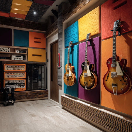 This vibrant music studio features colorful acoustic panels and electric guitars elegantly displayed on the wall, creating an inspiring and creative environment for musicians.の素材