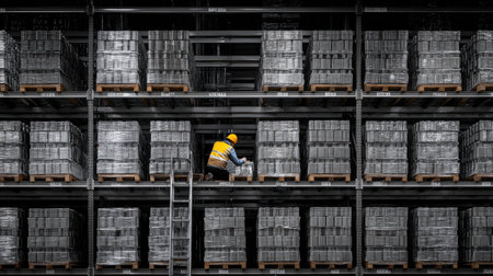 An industrious worker in safety gear meticulously organizes metal boxes on shelving in a modern warehouse, highlighting efficiency and safety in logistics.の素材