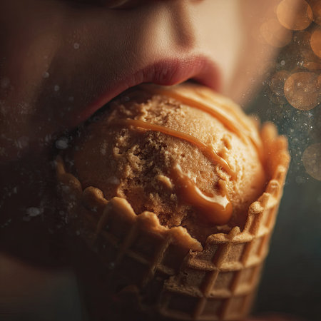 A whimsical close-up image of a woman savoring a scoop of creamy ice cream in a waffle cone, highlighting the joy of enjoying sweet delights.の素材