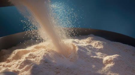 Close-up shot of fine powder being poured into a bowl against a blue background, perfect for illustrating cooking, baking, or food preparation.の素材