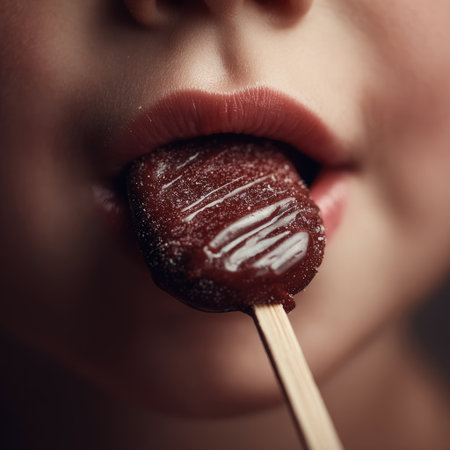 A captivating close-up image showcasing a child's mouth as they savor a chocolate treat on a stick. The soft lighting accentuates the delight and sweetness of the moment.の素材