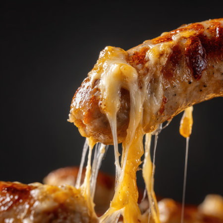 This mouthwatering image features a juicy grilled sausage oozing with melted cheese, perfect for summer barbecues and outdoor gatherings.の素材
