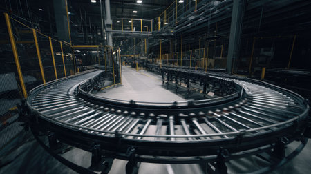 This image captures a modern industrial conveyor belt in a warehouse, highlighting the automation and efficiency in logistics operations. The advanced technology facilitates streamlined movement of goods.の素材