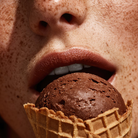A close-up image of a woman's mouth savoring a chocolate ice cream cone, showcasing freckles and natural lips. This shot captures joy and indulgence.の素材