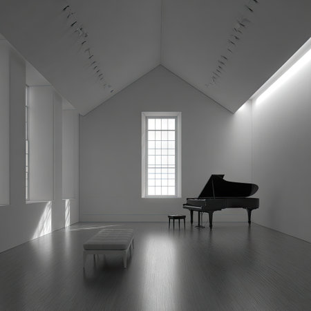 Discover a serene and minimalistic interior space featuring a grand piano, bathed in soft natural light. The elegant design evokes tranquility and creativity.の素材