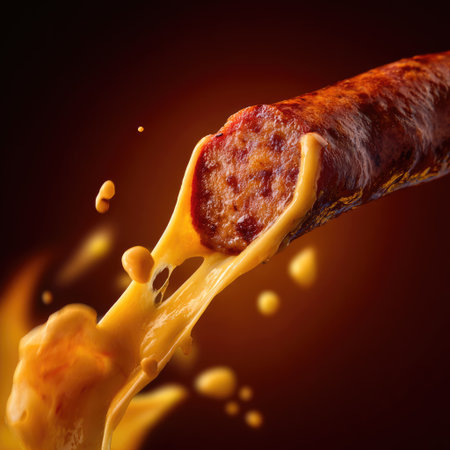 This image showcases a mouthwatering cheesy sausage roll, perfectly baked to golden perfection, exuding melted cheese and inviting aromas. Perfect for any meal.の素材