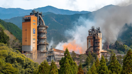 The image showcases an industrial facility with towering smokestacks billowing smoke and flames amid a backdrop of lush greenery and mountains.の素材