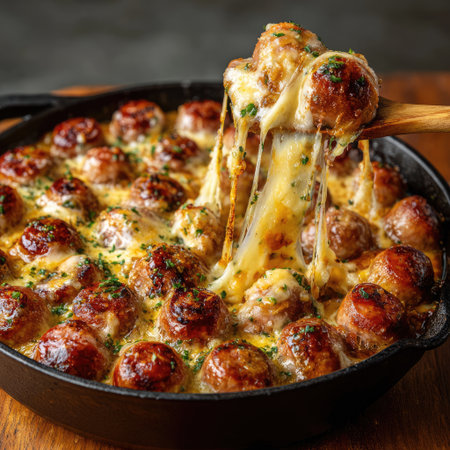 Indulge in this mouthwatering dish showcasing juicy meatballs enveloped in gooey cheese, baked in a skillet, perfect for gatherings or weeknight meals.の素材