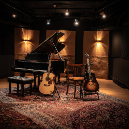 Inviting music studio featuring a grand piano, acoustic guitars, and elegant decor, perfect for recording, practice, and musical inspiration.の素材