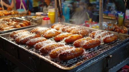 A vibrant scene of mouthwatering crispy fried snacks grilling at a night market. The enticing aroma fills the air, captivating food lovers.の素材