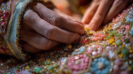 This vivid close-up image showcases skilled hands meticulously crafting an intricately embellished textile, rich in color and detail.の素材