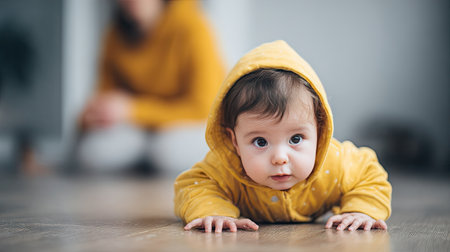 A charming baby in a bright yellow hoodie crawls on the floor, showcasing curiosity and innocence. A parent can be seen in the background, creating a warm family atmosphere.の素材