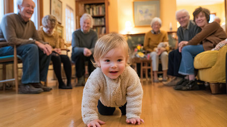 A joyful scene featuring a happy baby crawling on the floor, surrounded by smiling seniors enjoying a warm family gathering in a cozy living room.の素材